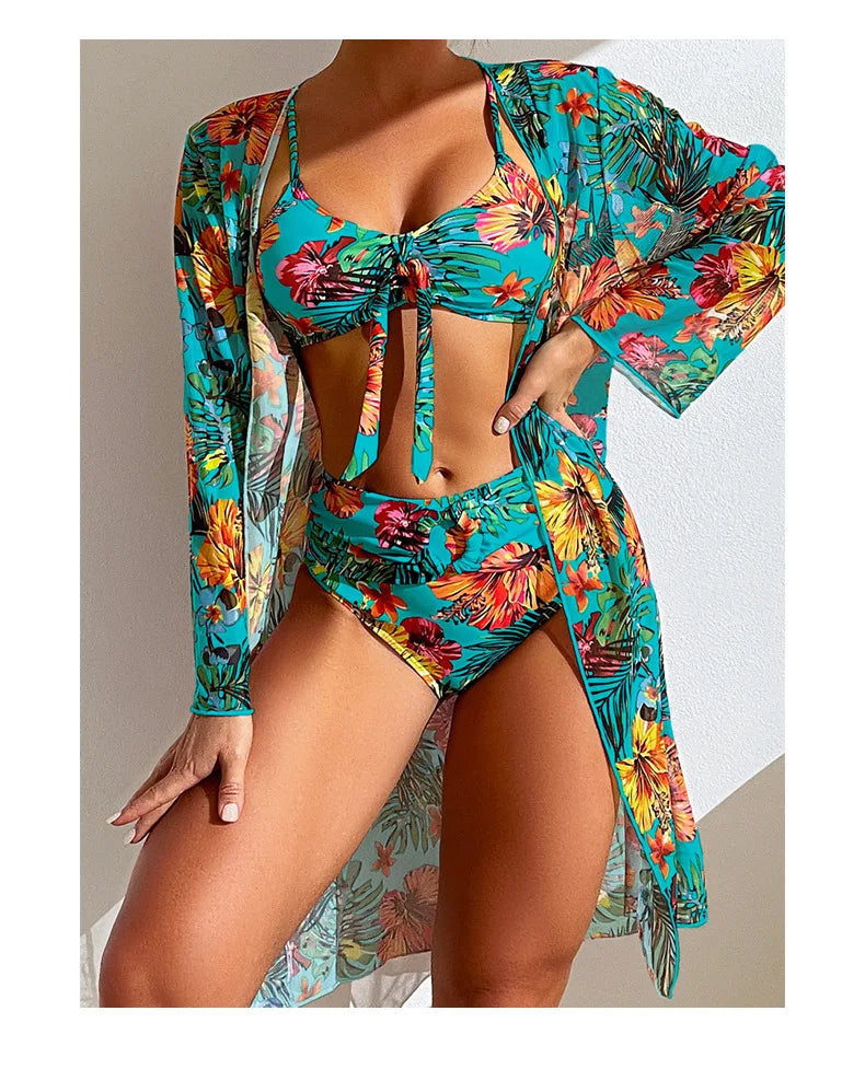 EtherealBe floral print bikini set with sarong in vibrant tropical colors for beachwear fashion