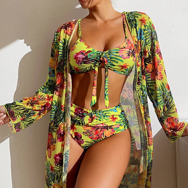 EtherealBe floral print bikini set with sarong, featuring vibrant colors and a stylish design for summer