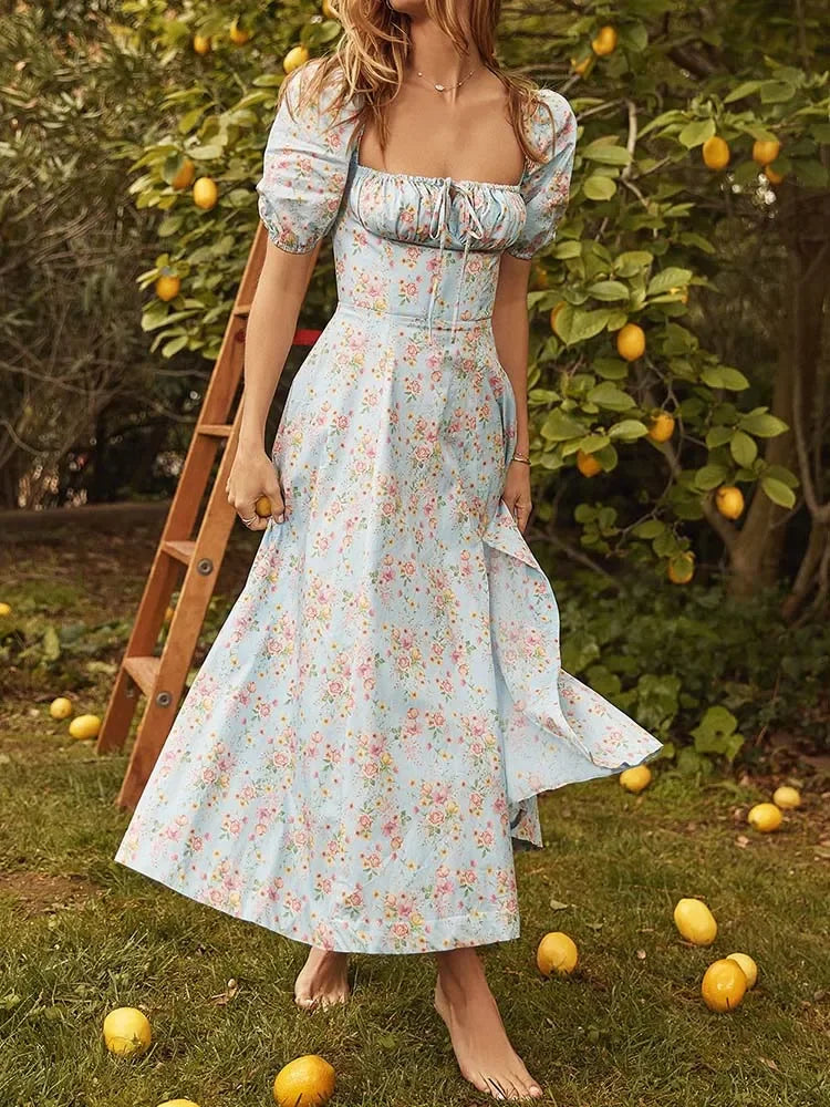 EtherealBe floral print maxi dress featuring puff sleeves and a flowing silhouette perfect for summer outings