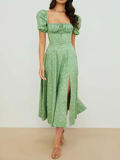 EtherealBe Floral Print Maxi Dress in Green with Puff Sleeves and Side Slit