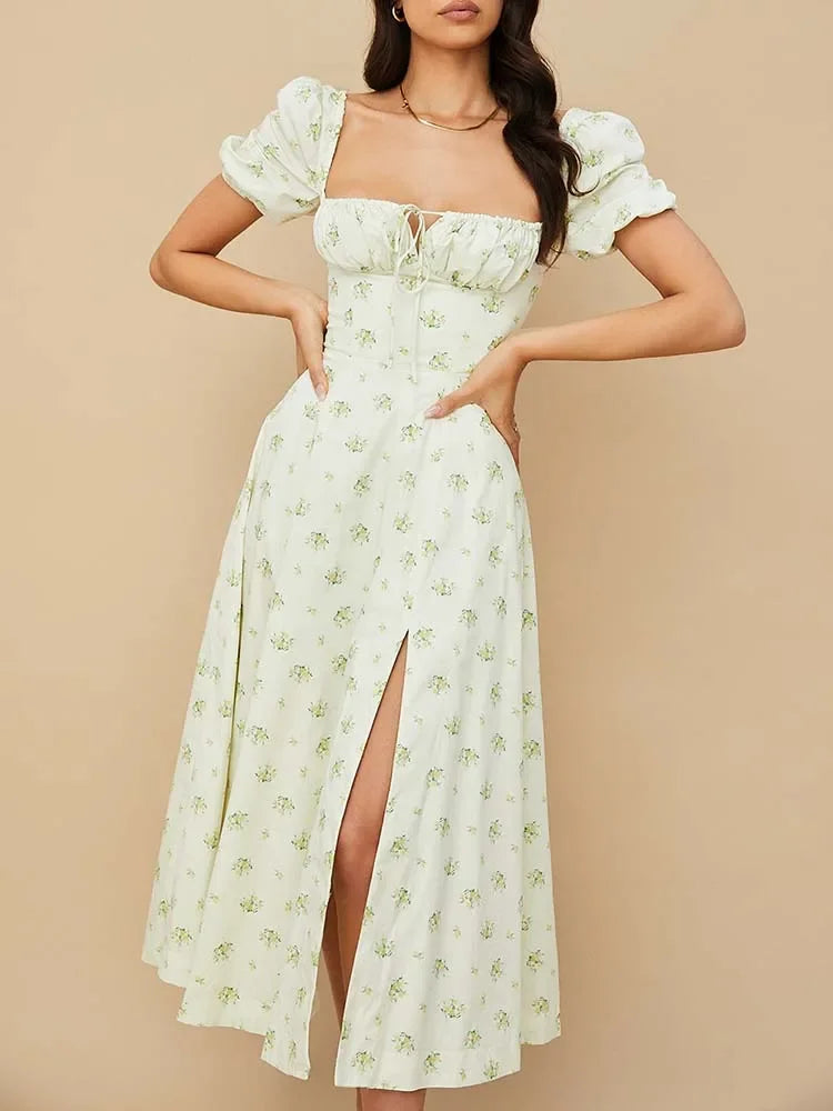 EtherealBe floral print maxi dress with puff sleeves and side slit for a chic summer look