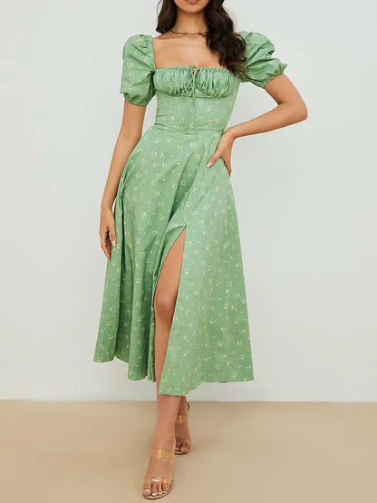 EtherealBe floral print maxi dress in green with puff sleeves and a thigh-high slit