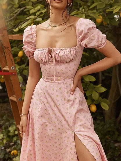 EtherealBe floral print maxi dress in pink with puff sleeves and side slit for a feminine look