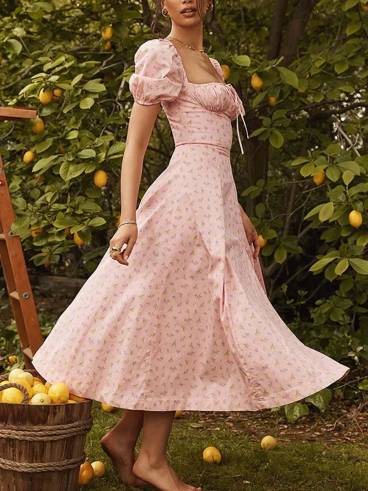 EtherealBe floral print maxi dress in pink with puff sleeves, perfect for spring and summer outings.