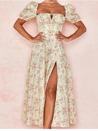 EtherealBe floral print maxi dress with puff sleeves and thigh-high slit for a stylish summer look