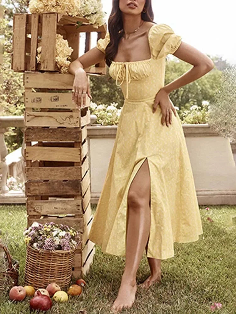 EtherealBe floral print maxi dress in yellow with puff sleeves and a side slit for summer style