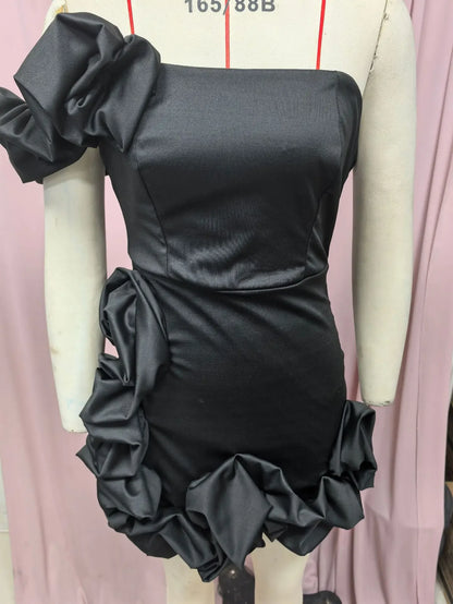 EtherealBe formal strapless cocktail dress in black with ruffle details and one shoulder embellishment