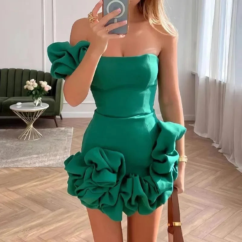 EtherealBe formal strapless cocktail dress in green with ruffled detailing and a fitted silhouette