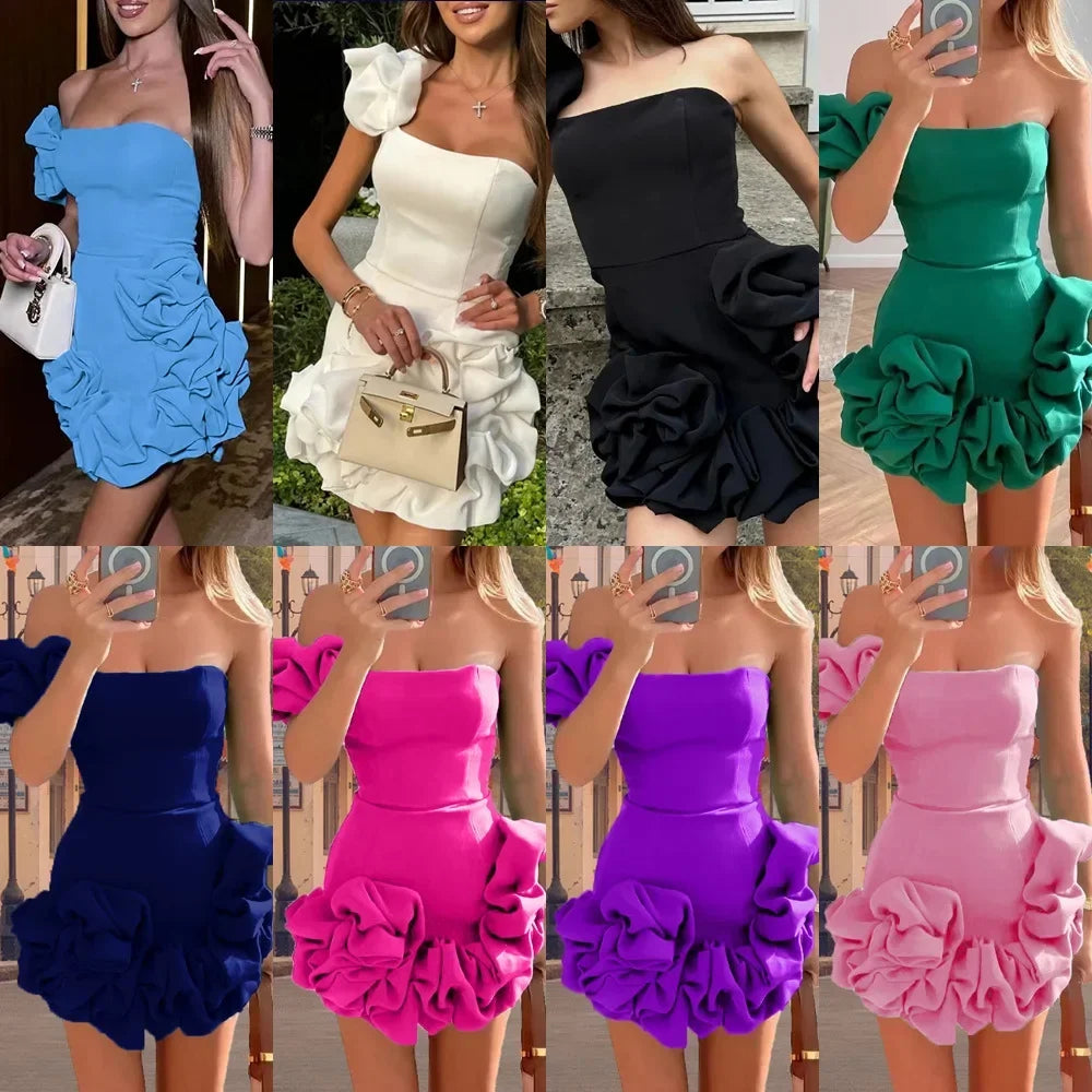 Various colors of EtherealBe formal strapless cocktail dress with ruffled details and puff sleeves