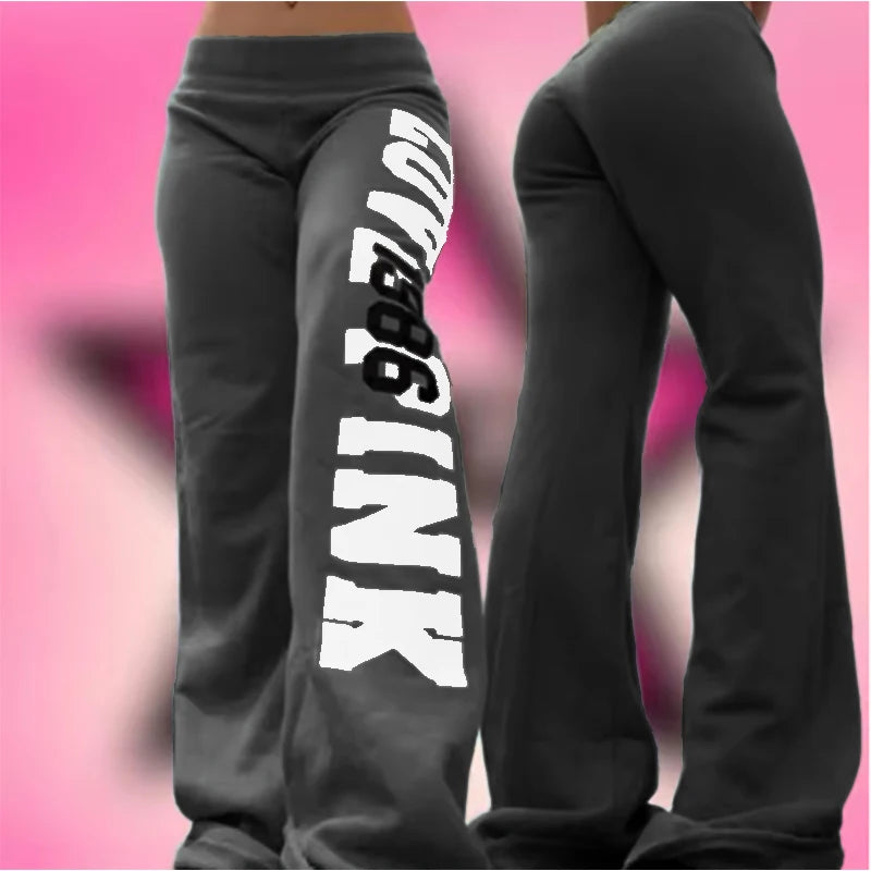 American vintage flare sweatpants dark gray with large white vertical print on left leg front and back views