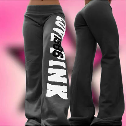 American vintage flare sweatpants dark gray with large white vertical print on left leg front and back views
