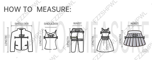 How to measure clothing diagram showing jacket tank pants dress skirt measurements for American vintage flare sweatpants
