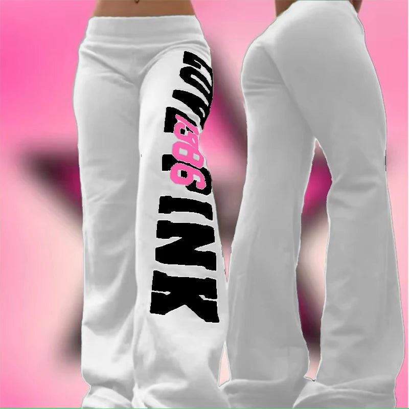 American vintage flare sweatpants white flared lounge pants with large black and pink side logo shown front and back