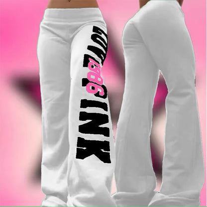 American vintage flare sweatpants white flared lounge pants with large black and pink side logo shown front and back