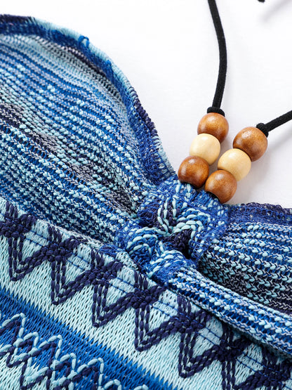 EtherealBe geo pattern beaded halter crop top featuring a unique blue and teal design with wooden beads