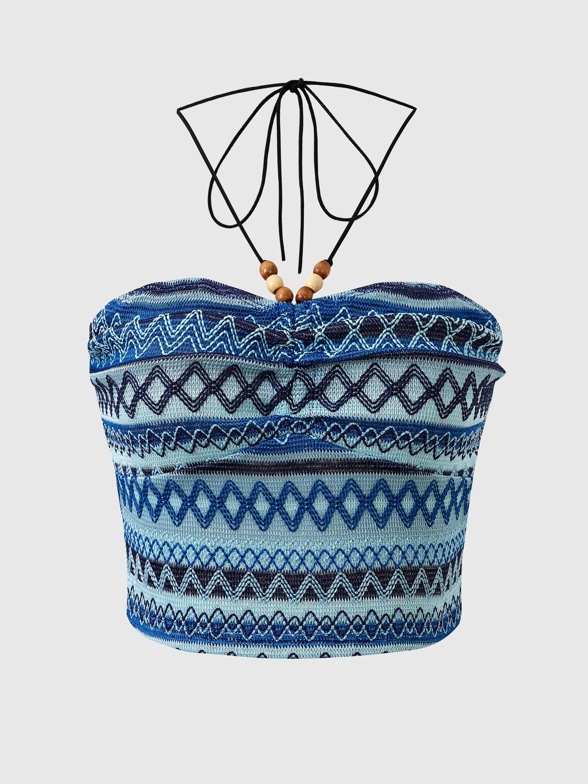 Stylish geo pattern beaded halter crop top in blue shades with a tie back and wooden bead detailing