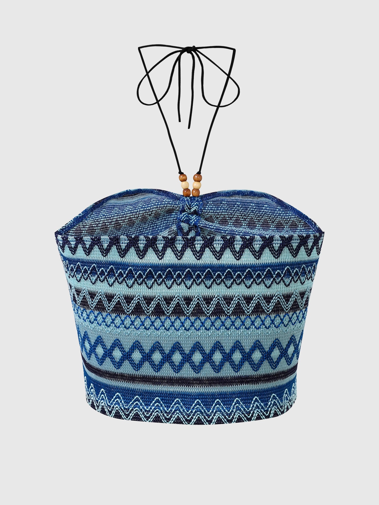EtherealBe geo pattern beaded halter crop top featuring a blue geometric design and tie-neck detail