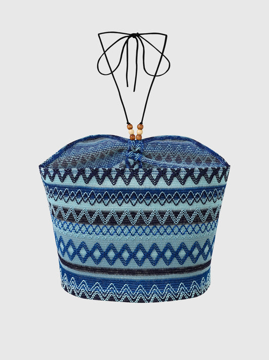EtherealBe geo pattern beaded halter crop top featuring a blue geometric design and tie-neck detail