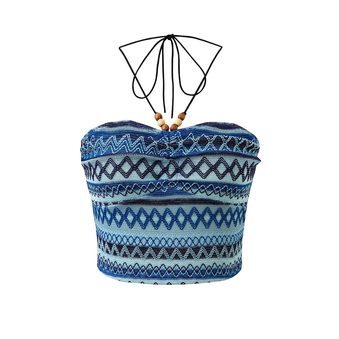 EtherealBe geo pattern beaded halter crop top in blue with a unique design and adjustable tie straps