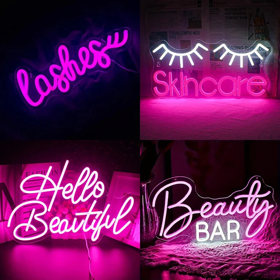 EtherealBe girls makeup room wall decor light in pink with stylish beauty-themed phrases