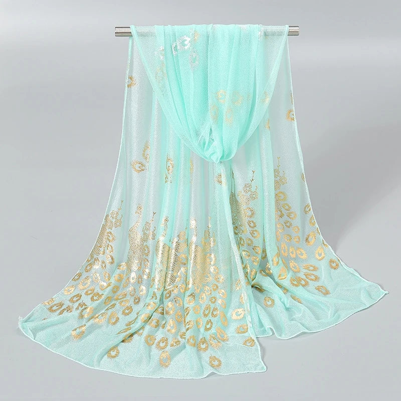 EtherealBe Gold stamped peacock scarf in mint green with elegant shimmering design