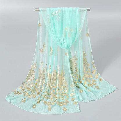 EtherealBe Gold stamped peacock scarf in mint green with elegant shimmering design