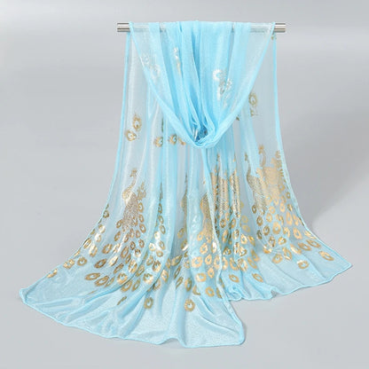 EtherealBe gold stamped peacock scarf in blue with elegant peacock design and shimmering details