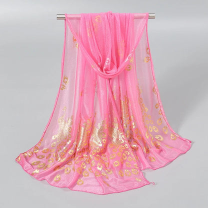EtherealBe gold stamped peacock scarf in pink with elegant gold detailing for stylish layering