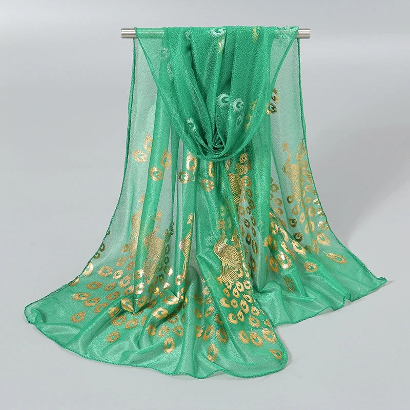 EtherealBe gold stamped peacock scarf in green with intricate feather patterns for a stylish touch