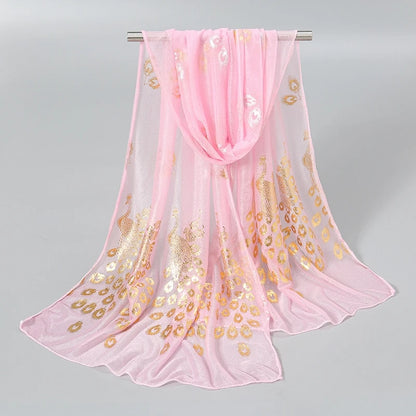 Delicate pink gold stamped peacock scarf with shimmering motifs for stylish accessories