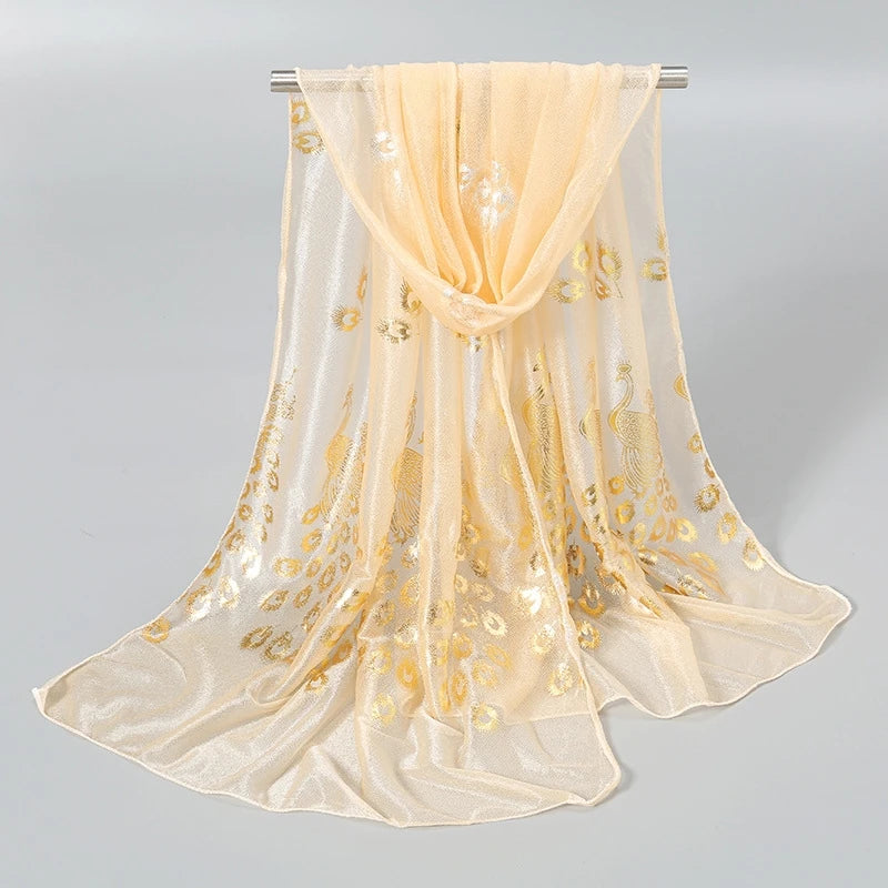 Soft beige gold stamped peacock scarf with elegant sequined design for stylish outfits