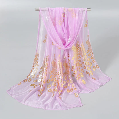 Light pink gold stamped peacock scarf with elegant design and soft, breathable fabric