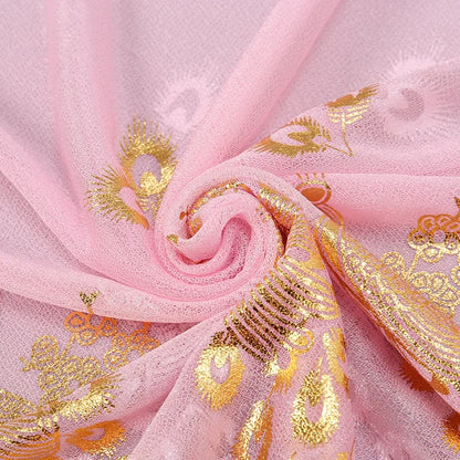 EtherealBe gold stamped peacock scarf in soft pink with intricate golden designs