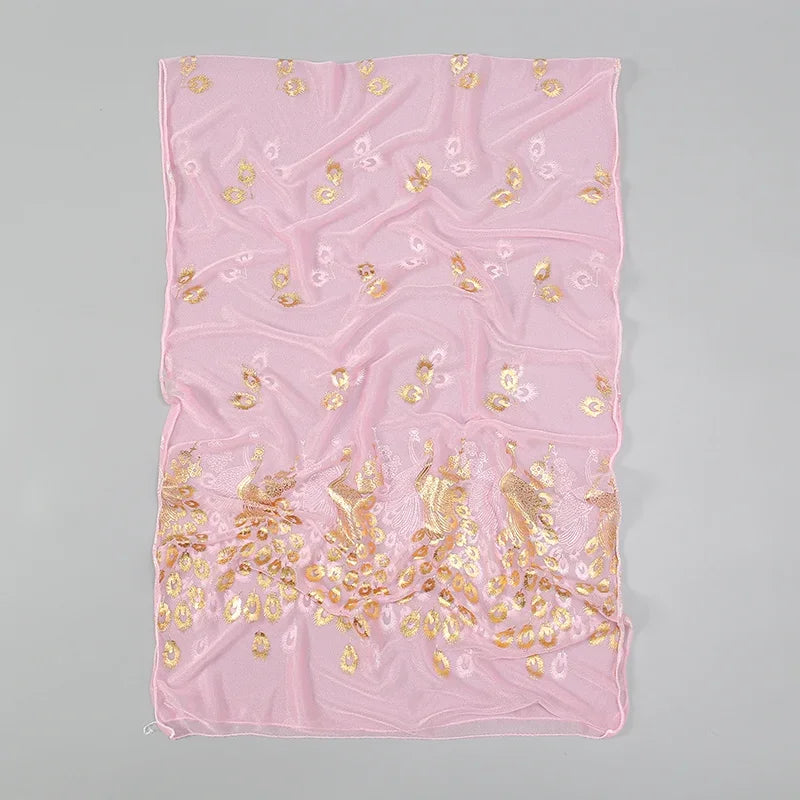 Delicate pink Gold stamped peacock scarf with intricate gold detailing for elegant occasions
