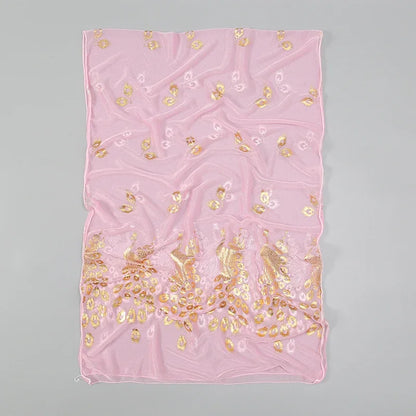 Delicate pink Gold stamped peacock scarf with intricate gold detailing for elegant occasions