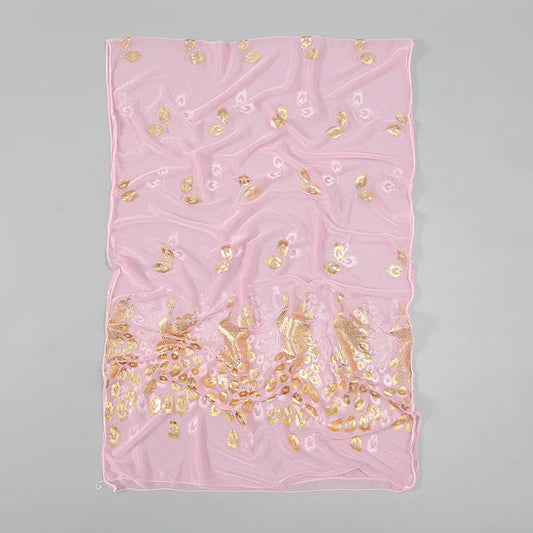 Delicate pink Gold stamped peacock scarf with intricate gold detailing for elegant occasions