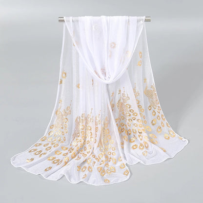 Elegant white scarf featuring gold stamped peacock design, perfect for adding a touch of luxury