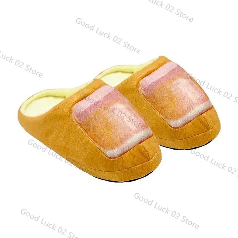 Funny novelty big toe slippers for home in a soft design resembling a toasted slice of bread