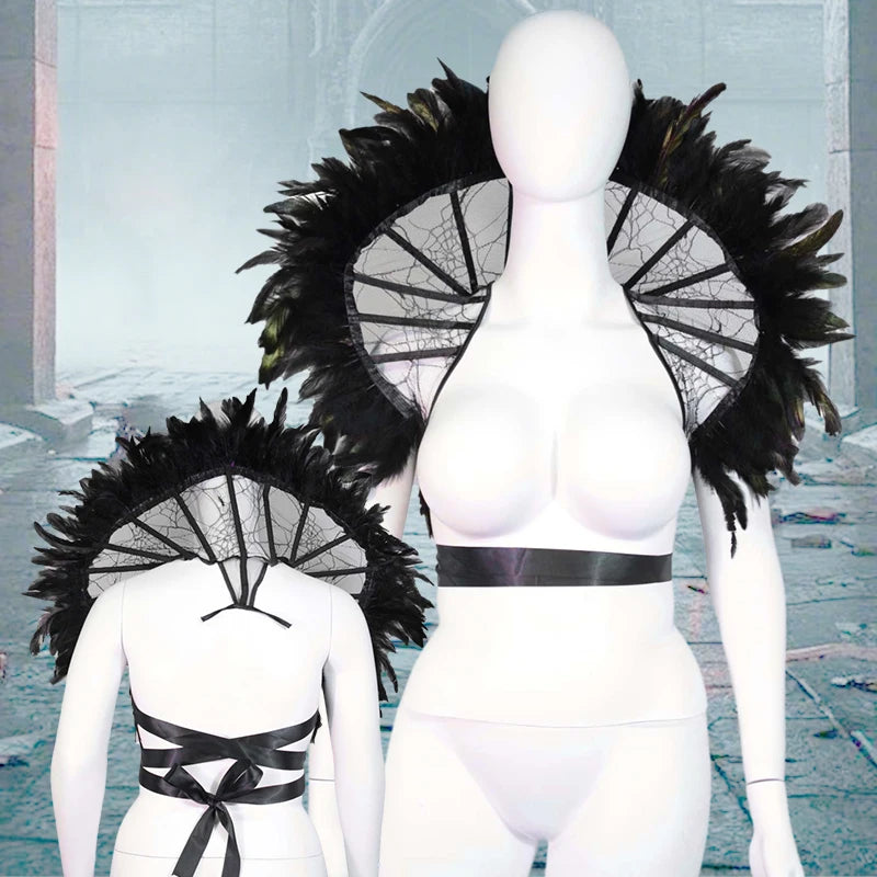 Gothic renaissance stand cloak collar costume with dramatic feather detailing and adjustable straps