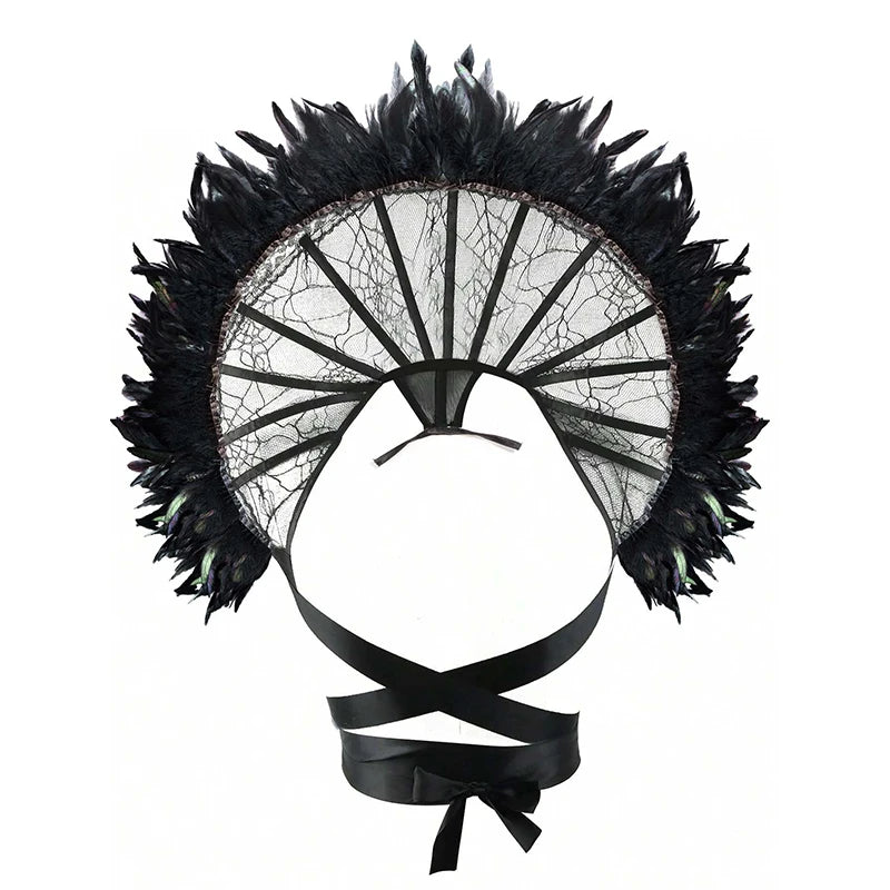 EtherealBe Gothic renaissance stand cloak collar costume with lace and feather details for dramatic flair