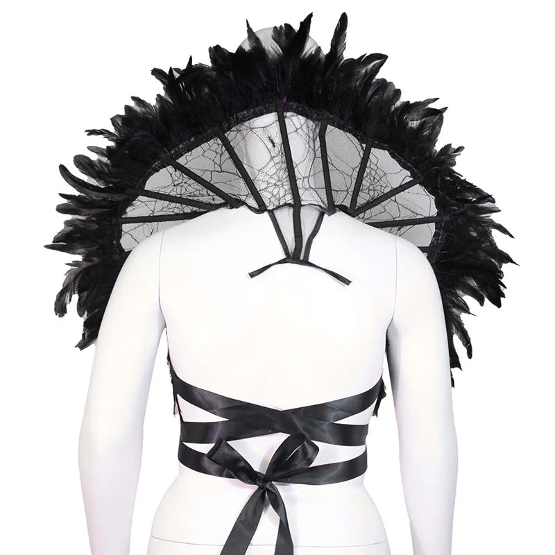Back view of Gothic renaissance stand cloak collar costume with feather details and black satin ties