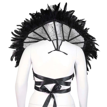 Back view of Gothic renaissance stand cloak collar costume with feather details and black satin ties