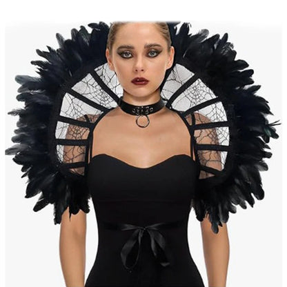 EtherealBe Gothic renaissance stand cloak collar costume with dramatic feather detailing and black lace accents