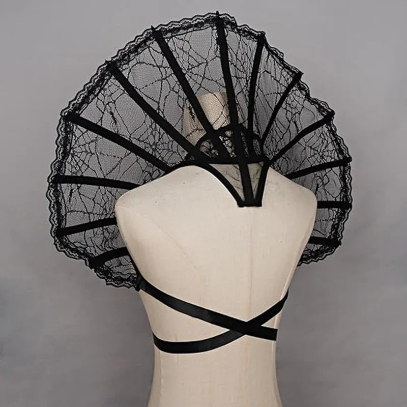 EtherealBe Gothic renaissance stand cloak collar costume in black lace with intricate design for theatrical wear