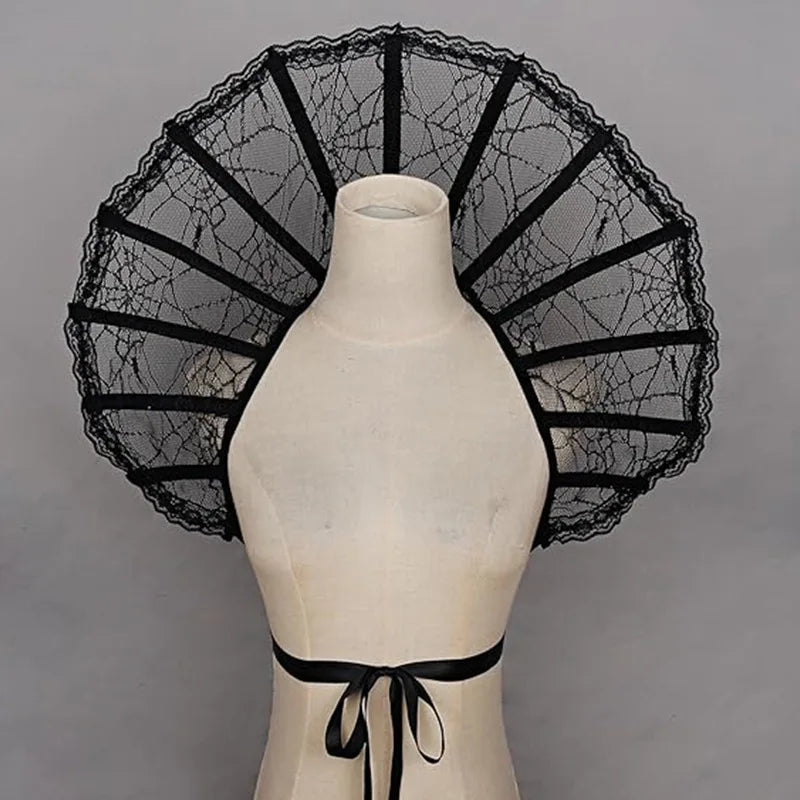 EtherealBe Gothic renaissance stand cloak collar costume in black lace with striking fan design