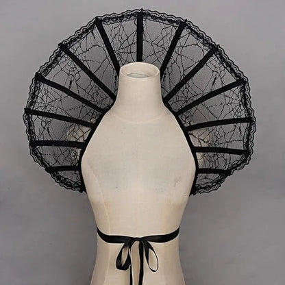 EtherealBe Gothic renaissance stand cloak collar costume in black lace with striking fan design