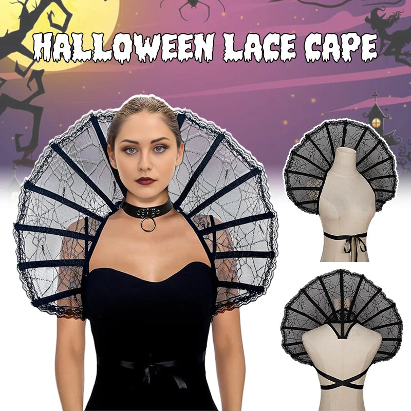 EtherealBe Gothic renaissance stand cloak collar costume in black lace for Halloween parties