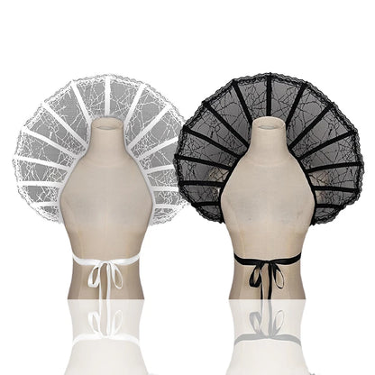 Black and white Gothic renaissance stand cloak collar costume with lace detailing on display