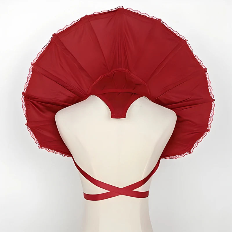 Red Gothic Renaissance stand cloak collar costume with layered design and adjustable straps for a dramatic look
