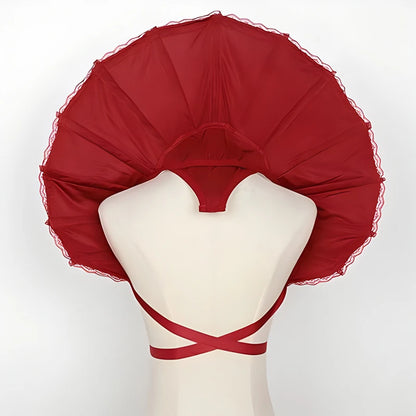 Red Gothic Renaissance stand cloak collar costume with layered design and adjustable straps for a dramatic look
